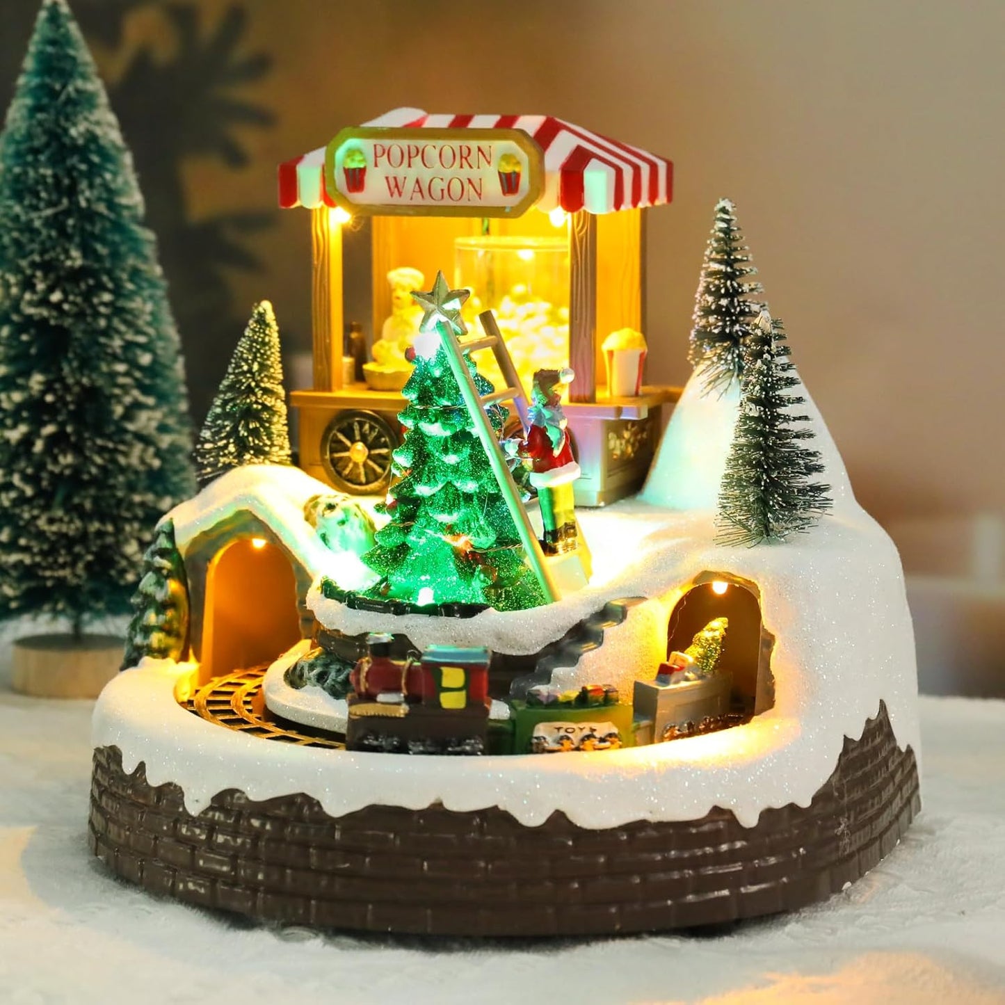 Afirst Christmas Village Houses - Lighted Musical Train Set with Popcorn Wagon & Rotating Xmas Tree | Indoor Display Decor
