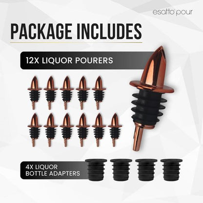 ESATTO 12 Pack Classic Bottle Pourers, Liquor Pourers for Alcohol, Olive Oil, Bartender Accessories Includes 4 Liquor Pourer Adapters for Large Neck Bottles such as Patron Don Julio Tequila (Copper)