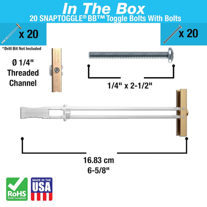 TOGGLER SnapToggle Drywall Anchors - Heavy-Duty 1/4-20 Fasteners, 265 lbs Capacity | 20 Pack