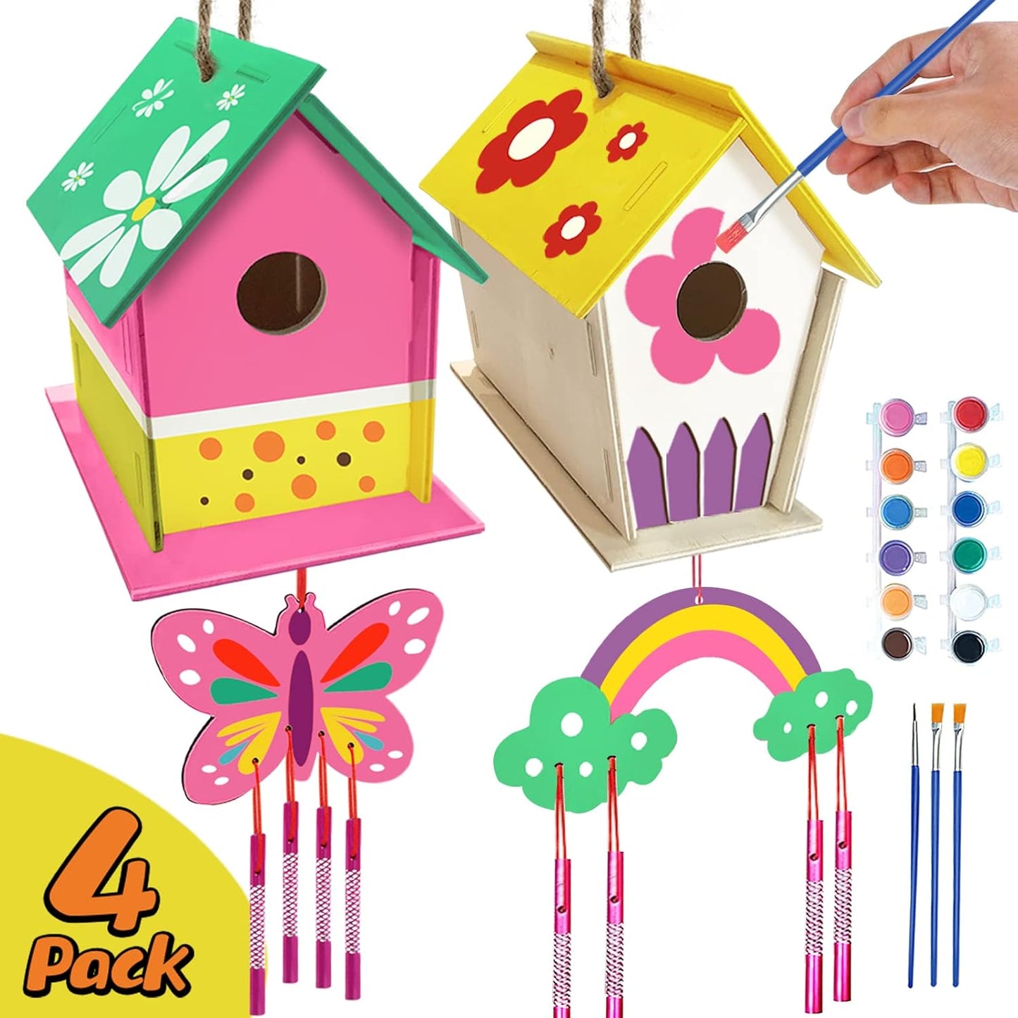Skiennix DIY Bird House Kit - 4 Pack Wooden Arts & Crafts for Kids Ages 4-8 | Fun Build & Paint Activity