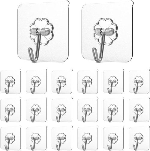 Adove Adhesive Hooks - Heavy Duty 20 Pack, Removable Transparent Wall & Ceiling Hooks, 22lb Max Capacity