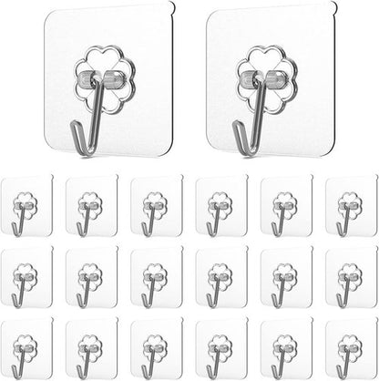 Adove Adhesive Hooks - Heavy Duty 20 Pack, Removable Transparent Wall & Ceiling Hooks, 22lb Max Capacity