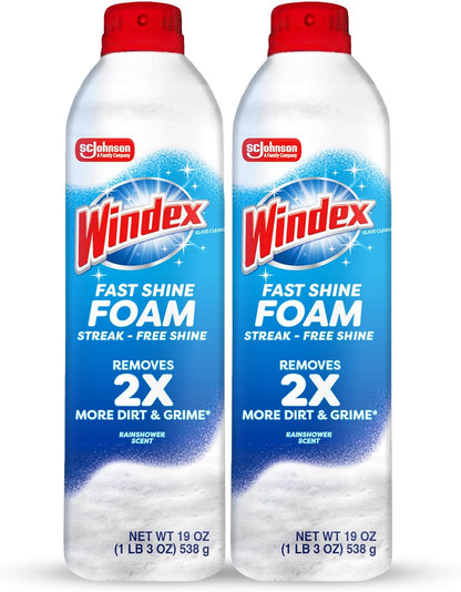 Windex Fast Shine Foam Glass Cleaner - Streak-Free Aerosol Spray for Windows & Mirrors | 19 oz (Pack of 2)
