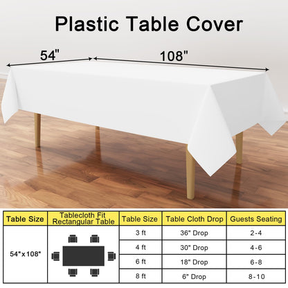 smiry Disposable Table Cloth 24 Pack, 54 x 108 Inch Table Cloths for Parties, Decorative Tablecloths for Rectangle Tables, Waterproof Plastic Table Cover, Leakproof & Sturdy, White