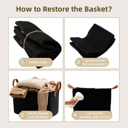BOLDMONKEY 72L Laundry Basket with Leather Handles,Woven Cotton Rope Blanket Basket,Toy Bin for Baby Room,Laundry Hampers for Bedroom, Living Room,Bathroom,22"x17"x11.8" Black