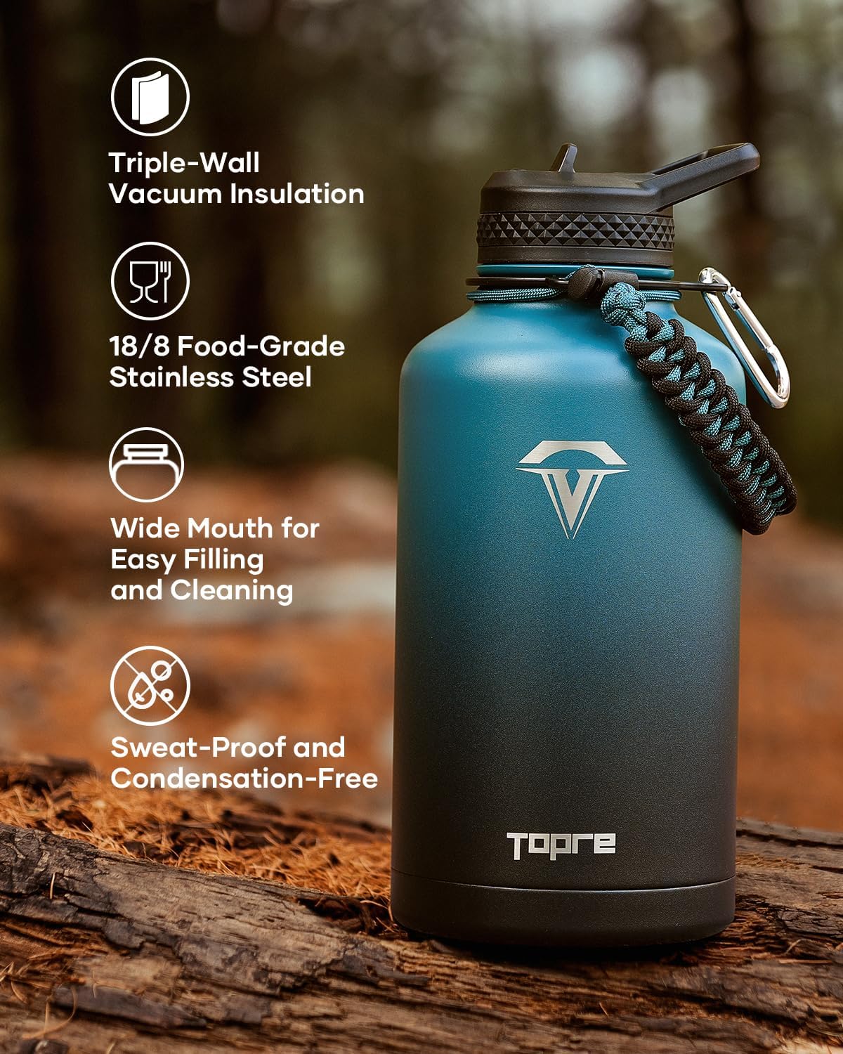 Skiennix 64 Oz Insulated Water Bottle - Half Gallon Stainless Steel Flask, BPA-Free & Leakproof, Indigo Black