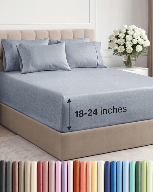 Extra Deep Full Sheet Set - 6 Piece Breathable and Cooling Sheets - Hotel Luxury Bedding for Women, Men, Kids & Teens - Easy & Secure Fit - Soft and Wrinkle Free - Extra Deep Pockets - Heathered Blue
