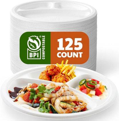 Compostable 3-Compartment Paper Plates - Heavy Duty Biodegradable Lunch Trays | 10 Inch, 125 Count, White