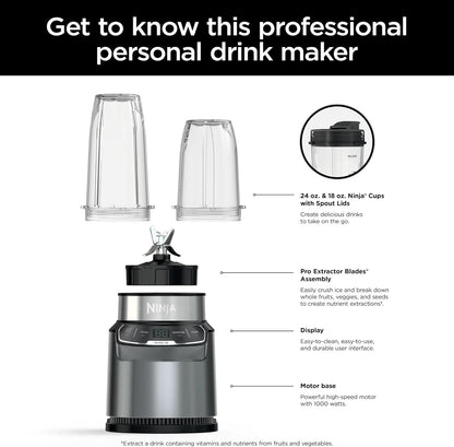 Ninja BN400 Nutri Pro Personal Blender - 1000W Auto-iQ Technology for Smoothies & Frozen Drinks | Includes 18oz & 24oz To-Go Cups
