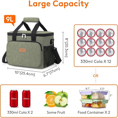 Lifewit Insulated Lunch Bag - Soft Cooler Tote for Adults | Dark Green, 12-Can Capacity (9L)