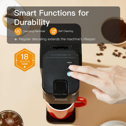 Mini Coffee Maker by [Brand Name] - Hot & Iced Single Serve for K-Cup & Ground Coffee | 6-14 Oz Brew Sizes, Classic Black