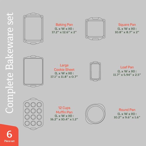 Emporio Kitchen Nonstick Baking Pan Set - Carbon Steel Bakeware with Red Silicone Handles | Oven Safe Up to 450°F, Set of 6 - Black