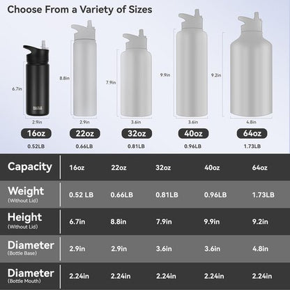 HASLE OUTFITTERS Insulated Water Bottle - 16 oz Double Wall Stainless Steel | Leak Proof, Wide Mouth, Black
