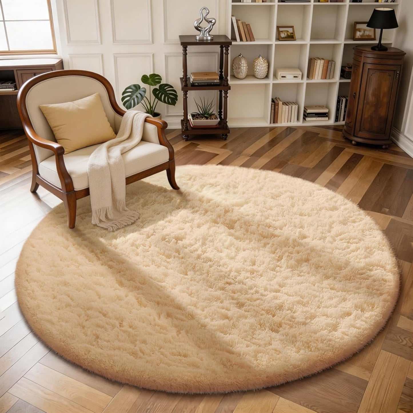 Ophanie Round Rug - 4Ft Beige Circle Area Rug | Fluffy Plush Shaggy Carpet for Kids' Rooms