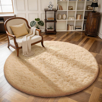 Ophanie Round Rug - 4Ft Beige Circle Area Rug | Fluffy Plush Shaggy Carpet for Kids' Rooms