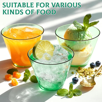 Skiennix 9 Oz Clear Plastic Cups - Green Disposable Cocktail Cups | 50 Pack for Parties & Events