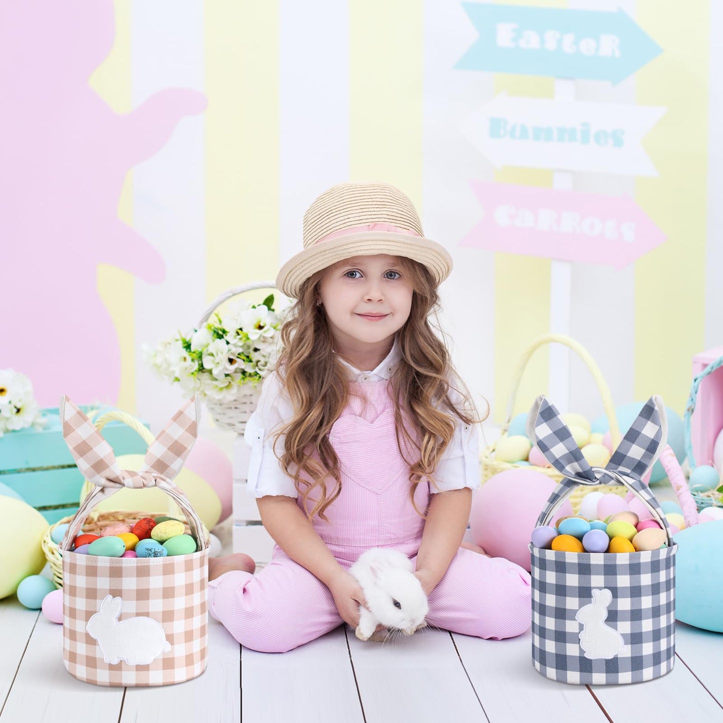 Paterr 4 Pack Easter Bunny Baskets Canvas Cotton Easter Egg Hunt Baskets with Foldable Rabbit Ears Handle DIY Empty Fluffy Tails Embroidered Bunny Buckets for Party Decorations Candy Gifts Storage