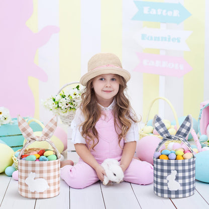 Paterr 4 Pack Easter Bunny Baskets Canvas Cotton Easter Egg Hunt Baskets with Foldable Rabbit Ears Handle DIY Empty Fluffy Tails Embroidered Bunny Buckets for Party Decorations Candy Gifts Storage