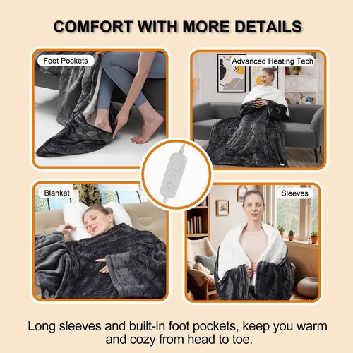 GoodtoU Wearable Heated Blanket with Foot Pocket, Heated Throw with Sleeves Etl Certified, 8 Heating Levels & 1 to 10 Hours Heating Time Setting, 50 * 59"
