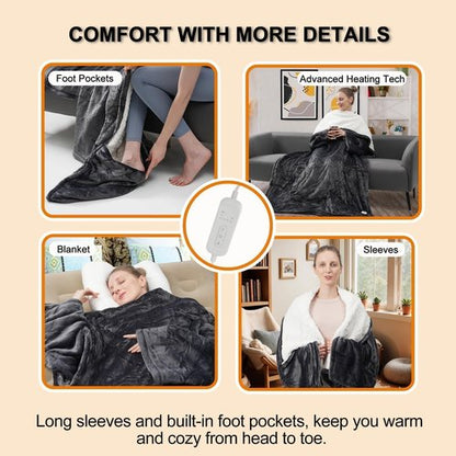 GoodtoU Wearable Heated Blanket with Foot Pocket, Heated Throw with Sleeves Etl Certified, 8 Heating Levels & 1 to 10 Hours Heating Time Setting, 50 * 59"