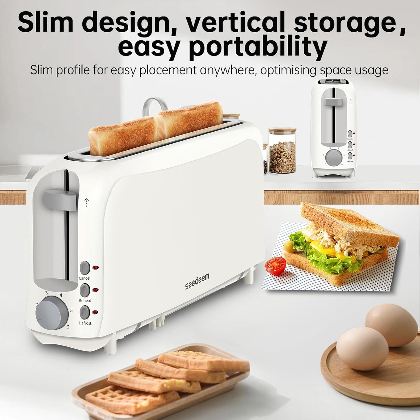 SEEDEEM 2-Slice Slim Toaster - Fits Bagels & Artisan Bread | 6 Shade Settings, Auto Shut-Off, White