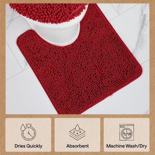 GORILLA GRIP Plush Absorbent Shaggy Chenille Bath Rug Mat for Oval Toilet Base with Rubber Backing, Machine Washable Rugs, Soft Microfiber Contour Mats for Toilets, Quick Dry, Bathroom Decor, Red