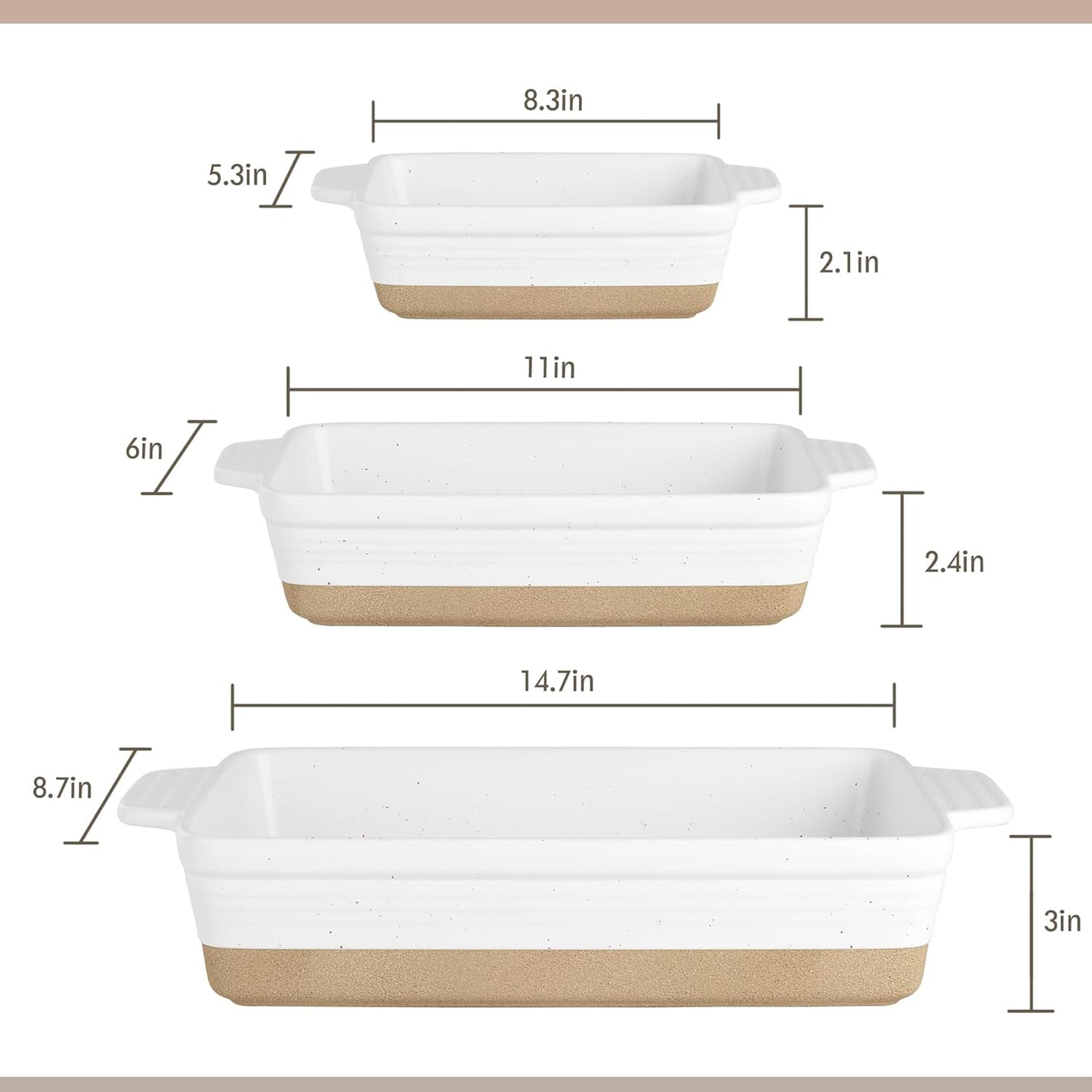 Regine Switzerland Ceramic Baking Dish - Extra Deep Casserole Set of 3 | Easy to Clean, 14.7 x 8.7 x 3 Inches, White