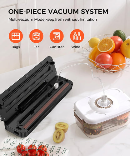Vacuum Sealer Machine - 75KPa Food Preservation with 6-in-1 Modes & Digital Timer | Compact Design + 10 Bags (Black/Silver)