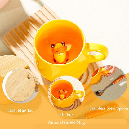 Fox Mugs with 3D Fox Inside, Ceramic Coffee Mug with Lid & Spoon - 13.5oz - Variation: Fox