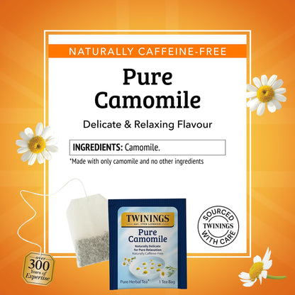 Twinings Pure Camomile Herbal Tea Individually Wrapped Bags, 100 Count (Pack of 1), Delicate for Pure Relaxation, Naturally Caffeine-Free, Enjoy Hot or Iced, 100 Teabags