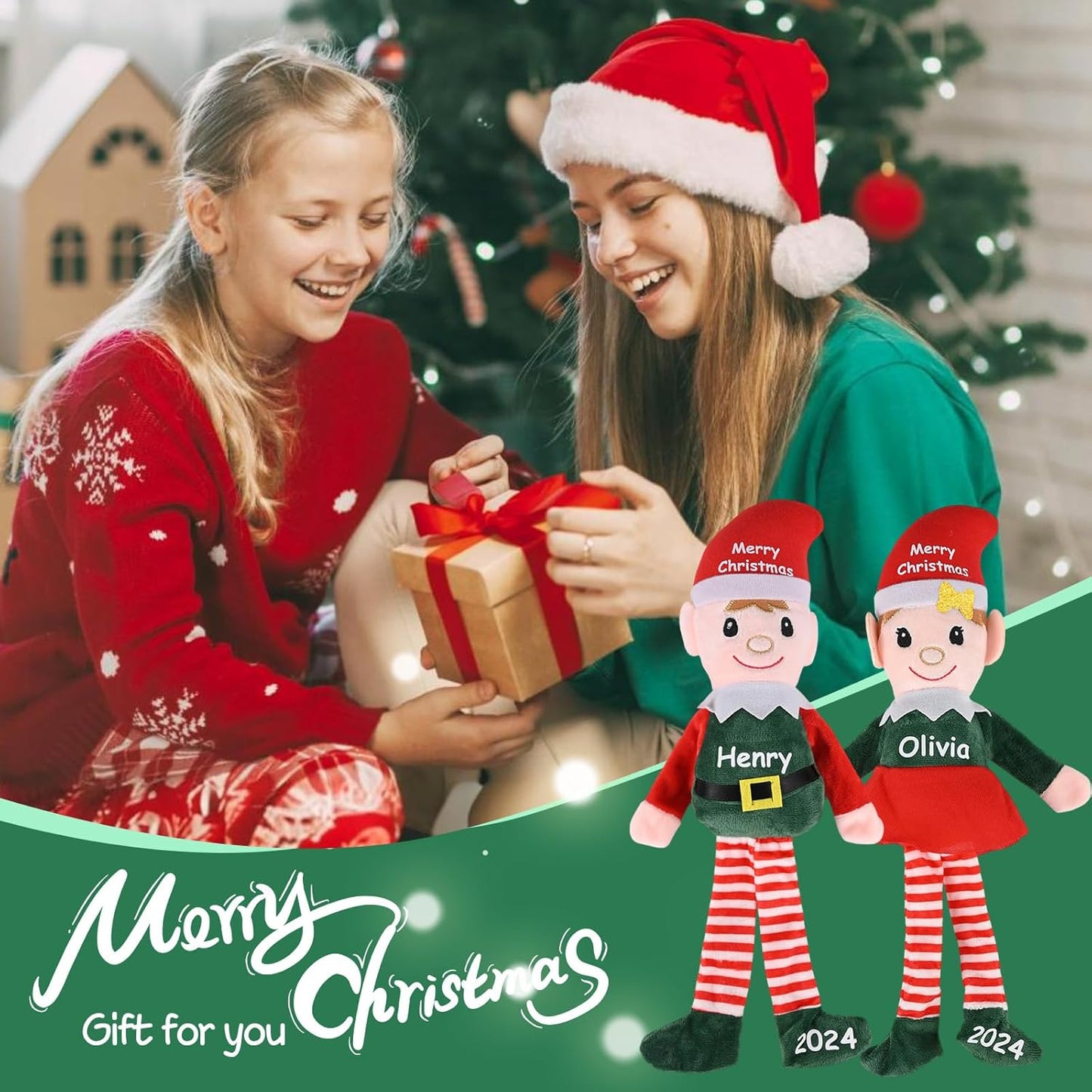 Skiennix Custom Christmas Elf Plush Doll - 14.5" Personalized Toy for Kids | Ideal Xmas Gift (Red/Green)
