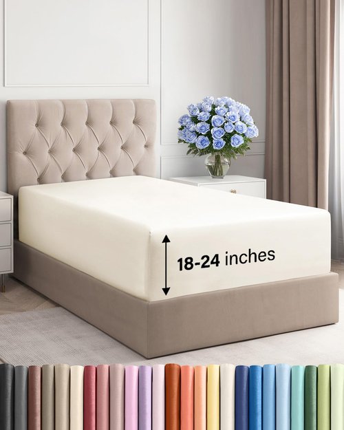 Extra Deep Twin Fitted Sheet - Hotel Luxury Single Fitted Sheet Only - Easily Fits 18 inch to 24 inch Mattress - Ultra Soft, Wrinkle & Fade Free w/Extra Deep Pockets - Breathable & Comfy - Off White