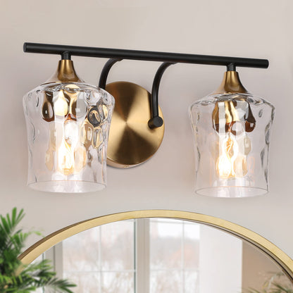 ZEVNI Bathroom Vanity Light, Black and Gold Vanity Light, 2-Light Bathroom Lights Over Mirror with Hammer Glass Shades