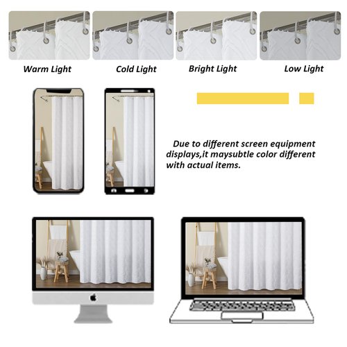 OWENIE White Shower Curtain Set, Jacquard Geometric Textured Fabric Boho Shower Curtains for Bathroom, Soft Hotel Style Farmhouse Shower Curtain Grommet Top 12 Hooks, Machine Washable, 72x72, White