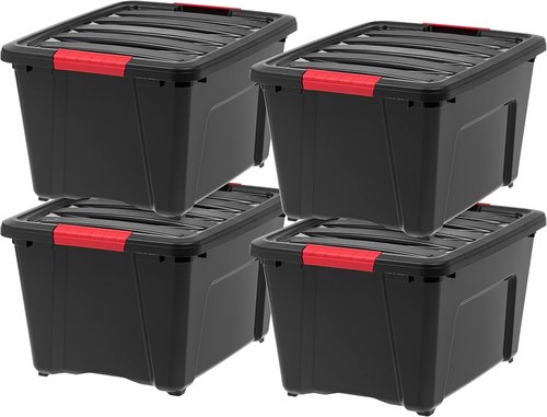IRIS USA Plastic Storage Box with Lid & Latches - 30L (32 QT) - Durable, BPA-Free, Black | 4 Pack