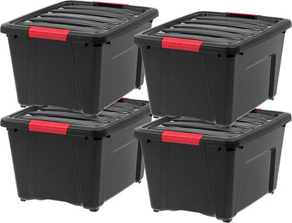 IRIS USA Plastic Storage Box with Lid & Latches - 30L (32 QT) - Durable, BPA-Free, Black | 4 Pack