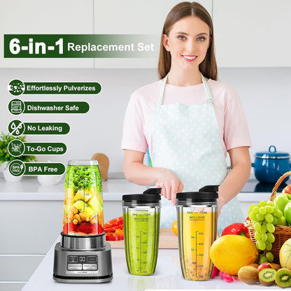 Ninja Blender Cups - 24oz Replacement Cups with To-Go Lids | Compatible with BN401, BL450 & More (3 Pack)