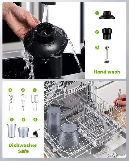 Skiennix 6-in-1 Immersion Blender - 1000W Hand Mixer with 20 Speeds, Whisk, Chopper & More | Heavy Duty, Black