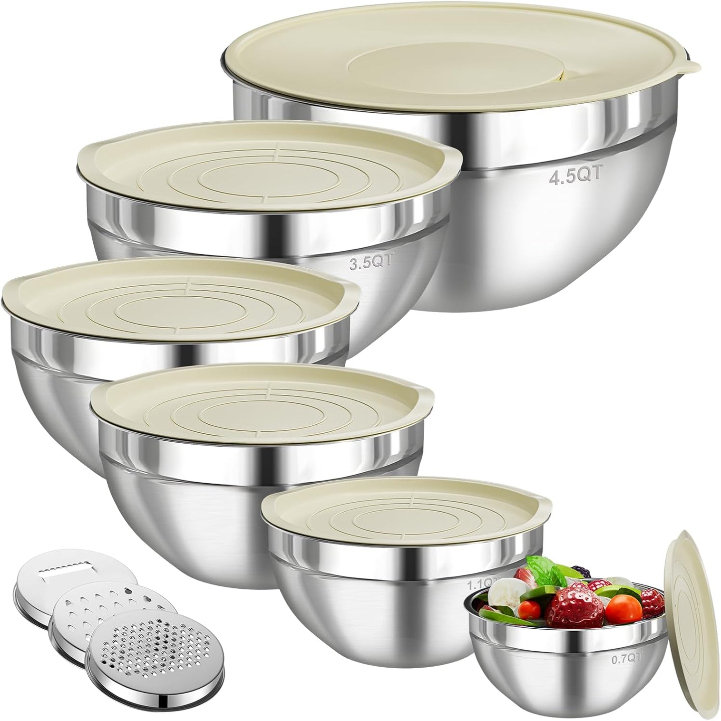 Skiennix Stainless Steel Mixing Bowls Set - 6 PCS with Lids & 3 Grater Attachments | Large Nesting Sizes 4.5QT to 0.7QT