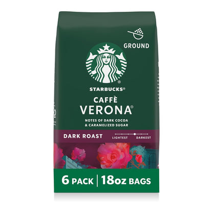 Starbucks Ground Coffee - Dark Roast Caffè Verona for Hot or Iced Coffee | Six 18 oz Bags