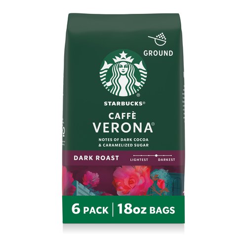 Starbucks Ground Coffee, Dark Roast Hot or Iced Coffee, Caffè Verona, Six 18 oz Bags