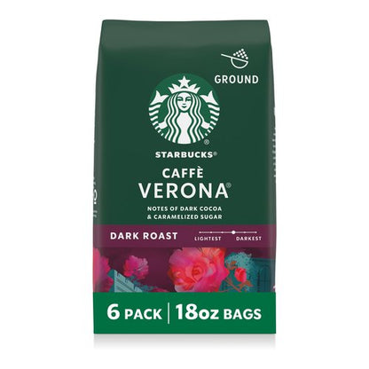Starbucks Ground Coffee, Dark Roast Hot or Iced Coffee, Caffè Verona, Six 18 oz Bags
