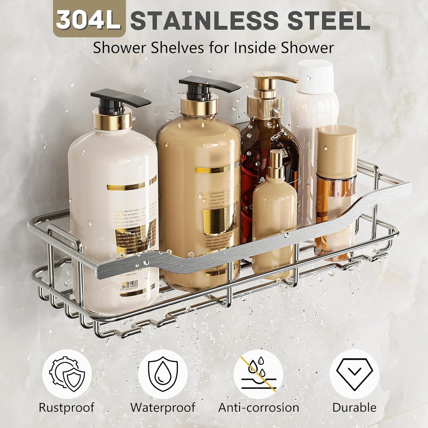 OMAIRA Shower Caddy - 3-Pack Rustproof No-Drill Organizer with Soap Holder for Smooth Walls | Silver
