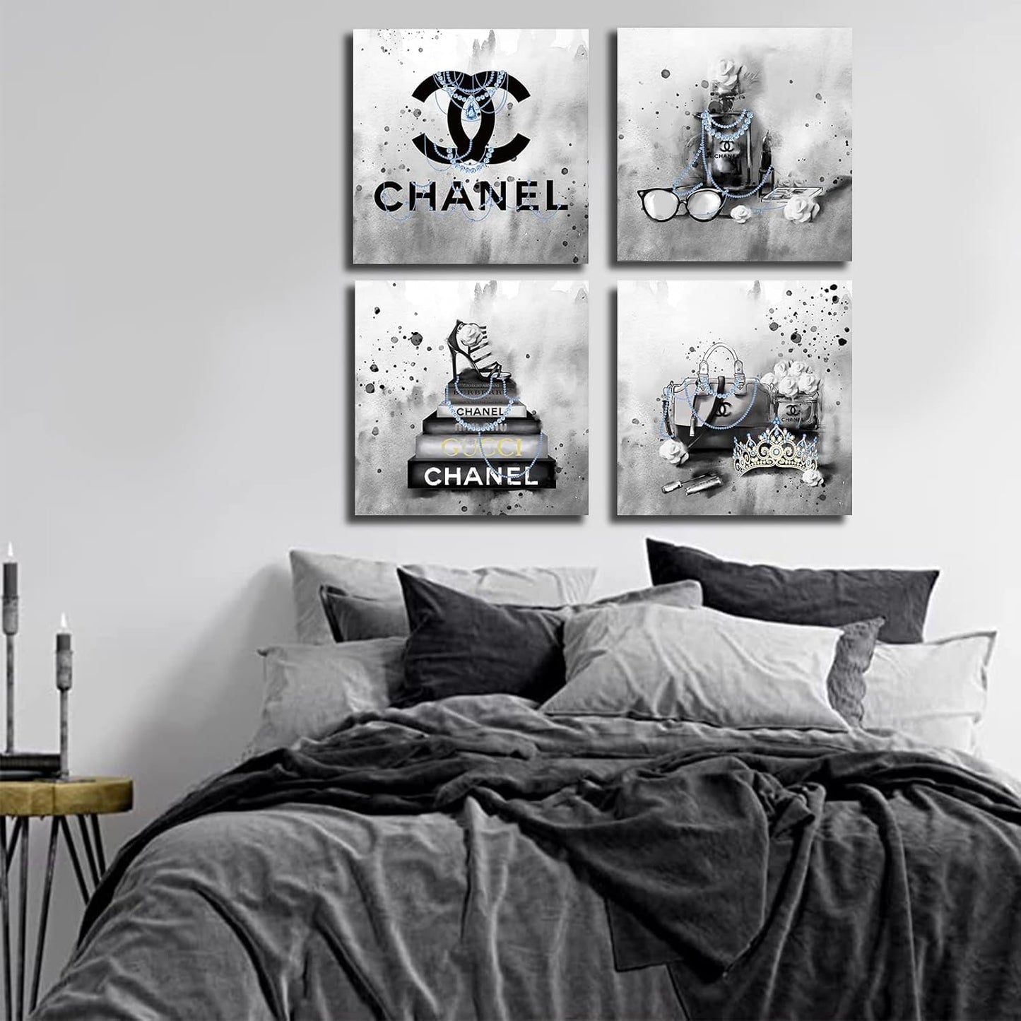 Meetdeceny Bedroom Wall Decor - Black And White Fashion Handbag Art for Teen Girls | Perfume Canvas Prints - 20"x20" - 4 Piece Set
