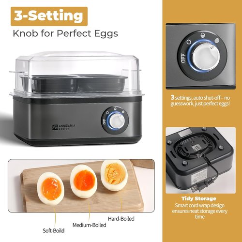 Annie & Mia Design Stainless Steel Electric Egg Cooker - 8 Egg Capacity, Auto Shut-Off, Recipe Guide (Black)