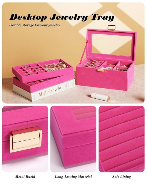 Homde Jewelry Tray Stackable Jewelry Box Drawer Organizer with Glass Lid, Removable Dividers for Vanity Table Gift Idea for Girls and Women (Pink)