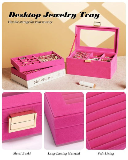 Homde Jewelry Tray Stackable Jewelry Box Drawer Organizer with Glass Lid, Removable Dividers for Vanity Table Gift Idea for Girls and Women (Pink)