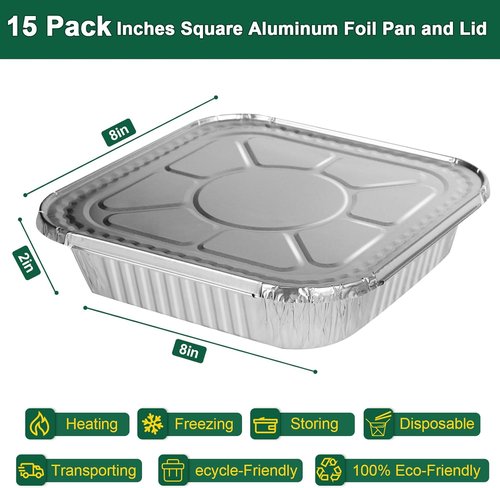 Heavy-Duty Aluminum Foil Pans by [Brand Name] - 8x8 Inch Disposable Baking Trays with Lids | 15 Pack, Reusable & Leakproof