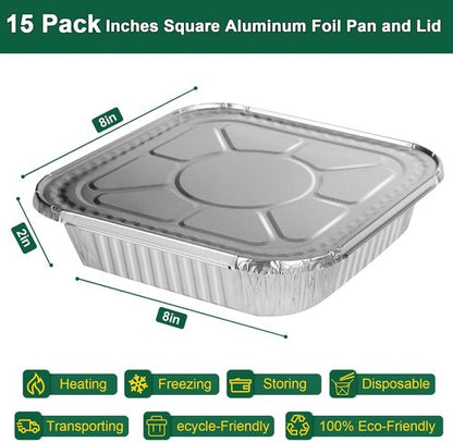 Heavy-Duty Aluminum Foil Pans by [Brand Name] - 8x8 Inch Disposable Baking Trays with Lids | 15 Pack, Reusable & Leakproof