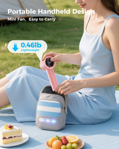 SWEETFULL Portable Handheld Fan Rechargeable - 6 Gear High Speed Powerful Mini Turbo Fan with Flashlight, Digital Display, Personal Fans Blow Cold Air for Travel Essentials, Gift for Women Men (Pink)